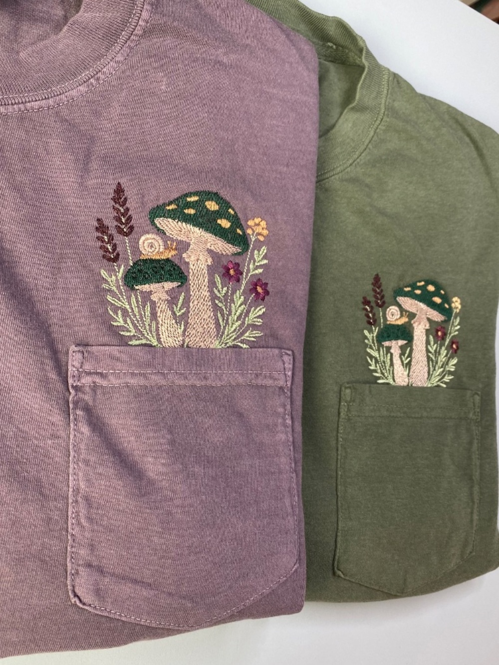 Embroidered cotton comfort colors mushroom and snail pocket tshirt - Picture 2 of 6